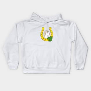 Cute White Horse with Golden Horse Shoe and Shamrock Kids Hoodie